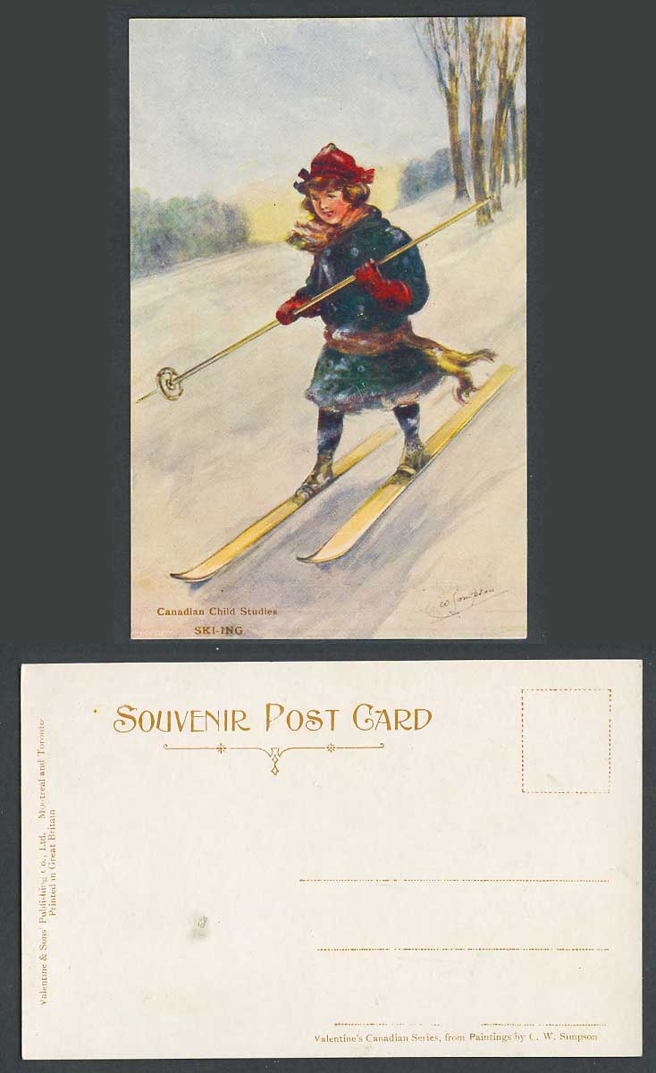 W. Simpson Artist Signed Old Postcard Canadian Child Studies Skiing Winter Sport