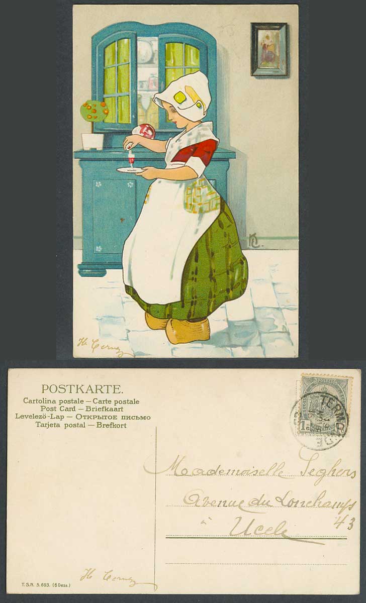 Dutch Little Girl Pouring Wine, National Costumes Artist Drawn 1908 Old Postcard
