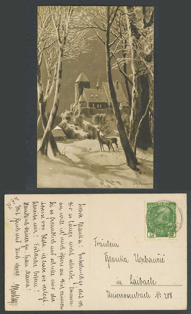 Artist Signed Austria 1915 Old Postcard Deer, Winter Snowy Landscape Forest Snow
