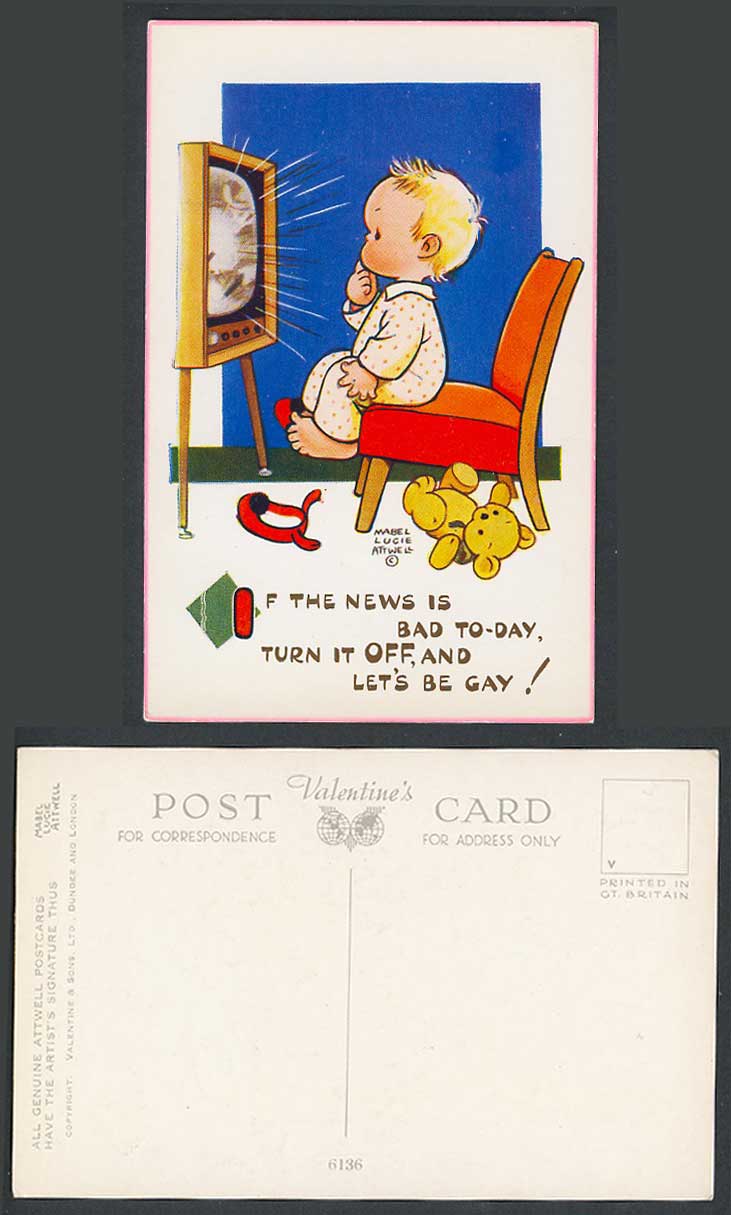 MABEL LUCIE ATTWELL Old Postcard Teddy Bear TV News is Bad Turn Off, Be Gay 6136