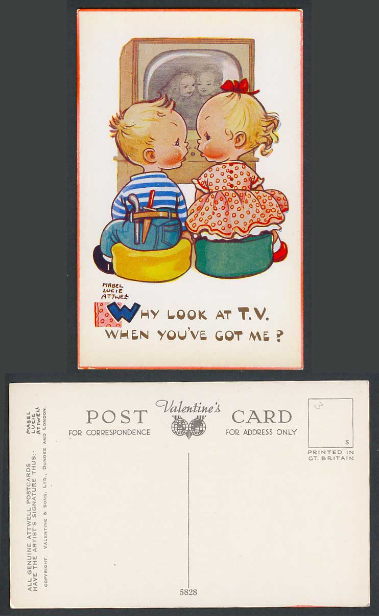 MABEL LUCIE ATTWELL Old Postcard Why Look at T.V. When You Got Me? Girl Boy 5828