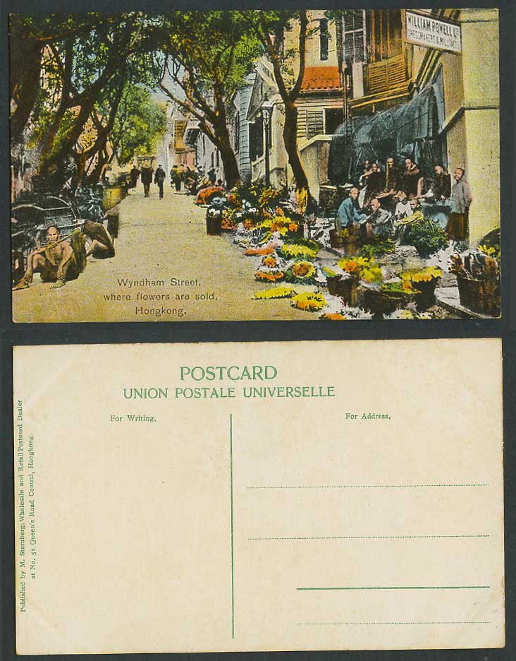 China Hong Kong Old Postcard Wyndham Street, Flowers, William Powell Dressmakers