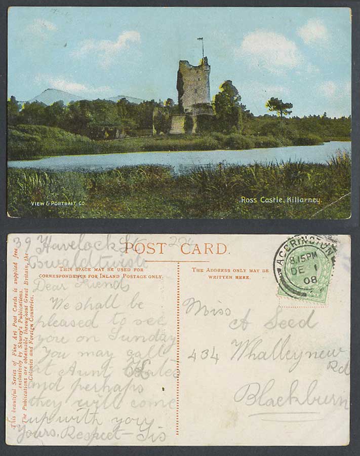 Ireland 1/2d 1908 Old Colour Postcard Ross Castle Ruins Killarney Co Kerry River