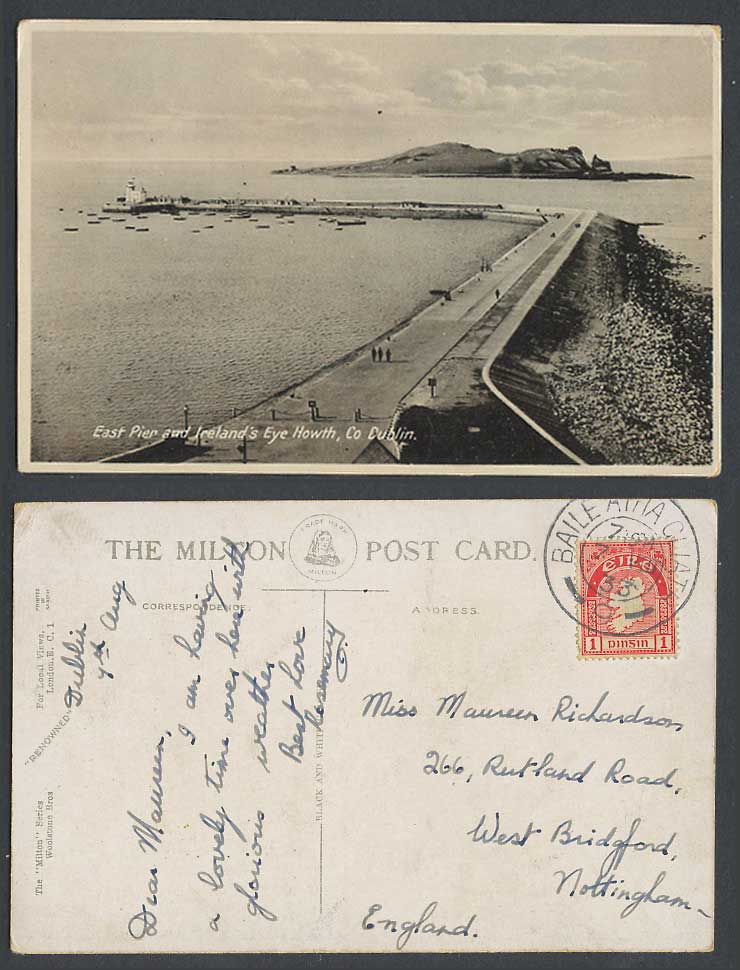 Ireland Dublin 1933 Old Postcard East Pier & Ireland's Eye Howth Lighthouse Pier