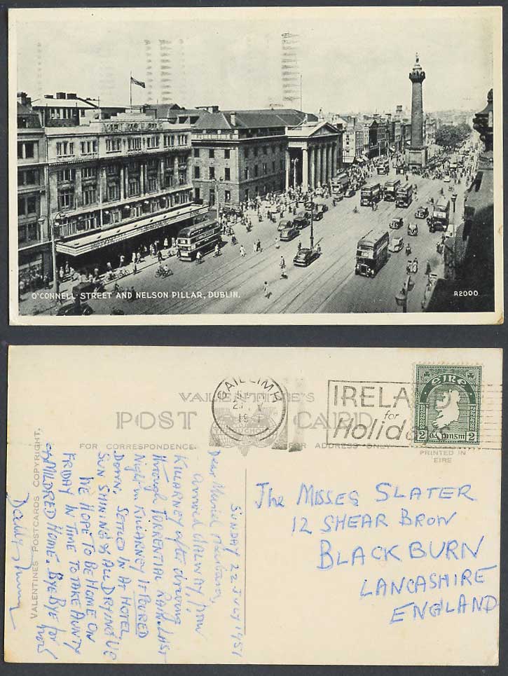 Ireland Dublin 1951 Old Postcard O'Connell Street Scene Nelson Pillar Buses Cars