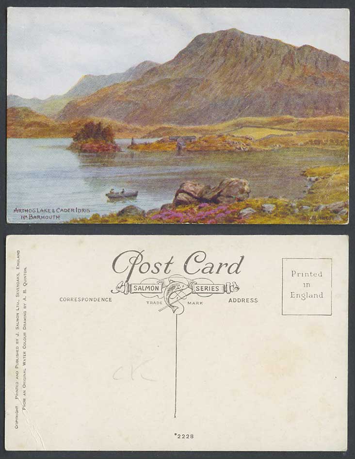 A.R. Quinton Old Postcard Arthog Lake & Cader Idris nr. Barmouth Wales Boat 2228