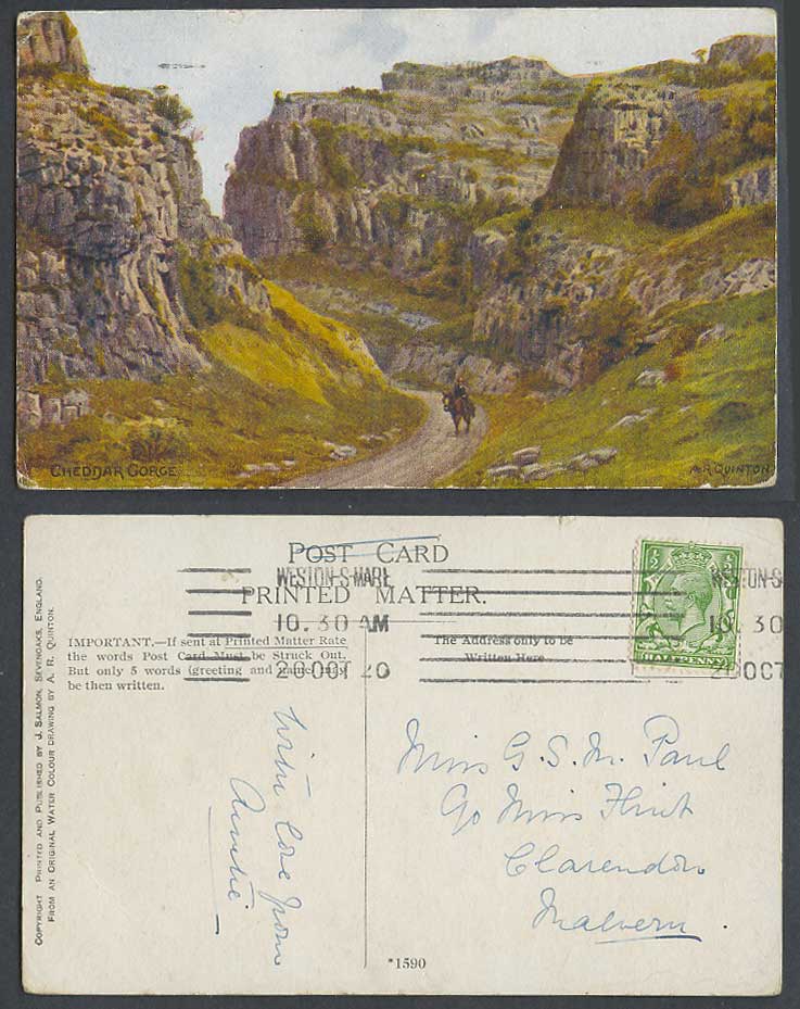 AR Quinton 1920 Old Postcard CHEDDAR GORGE Horse Rider Rocks Somerset 1590