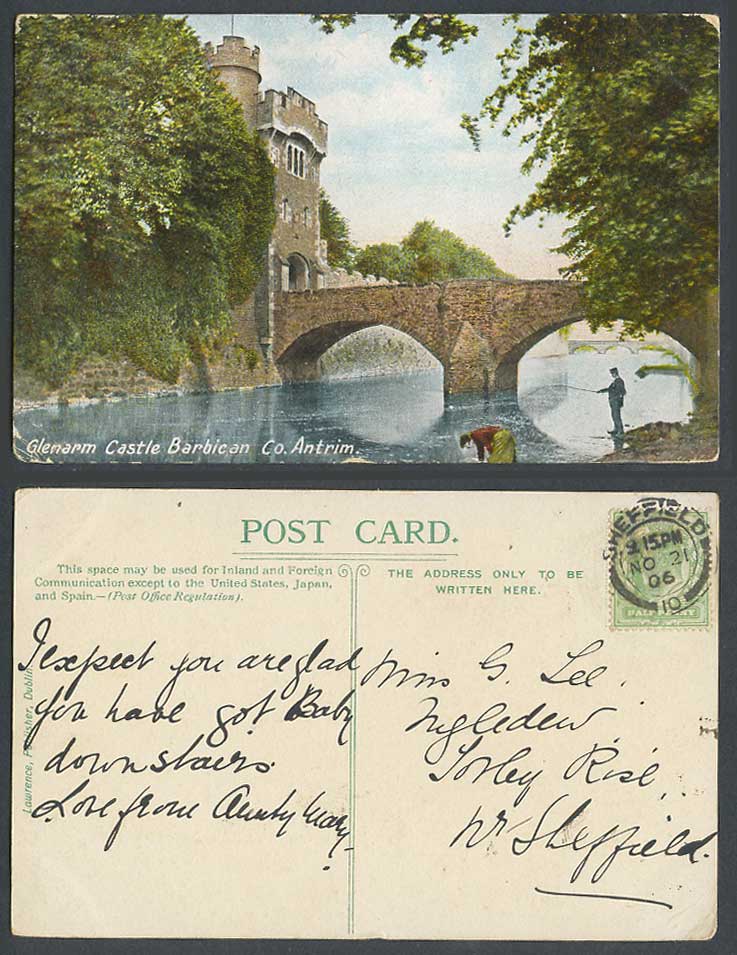 Northern Ireland 1906 Old Postcard Glenarm Castle Barbican Bridge Fishing Antrim