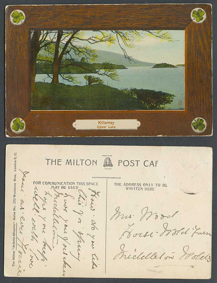 Ireland Old Colour Postcard Upper Lake Killarney Co. Kerry Clover Leaves Clovers