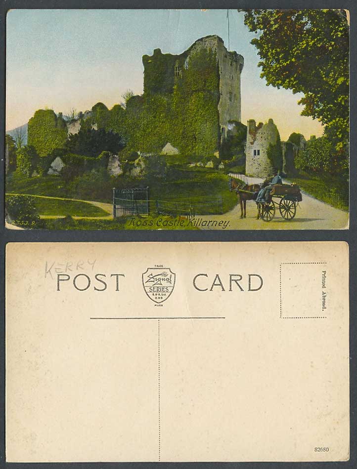 Ireland Old Colour Postcard Ross Castle Ruins Killarney Kerry, Jaunting Car Cart