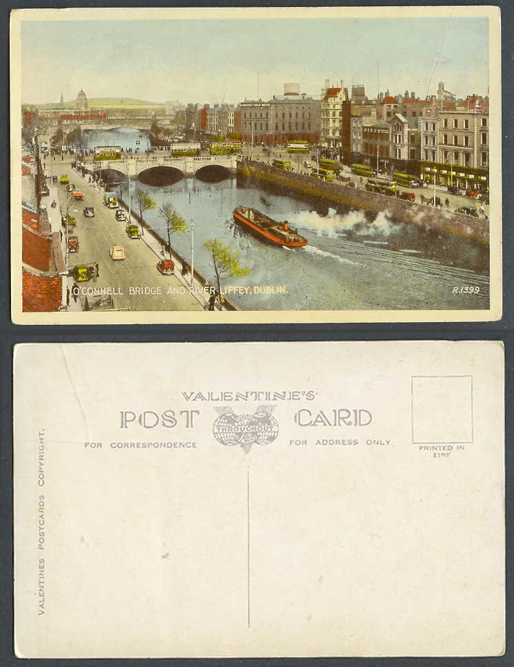 Ireland Dublin Old Postcard O'Connell Bridge River Liffey Street Scene Cars Boat