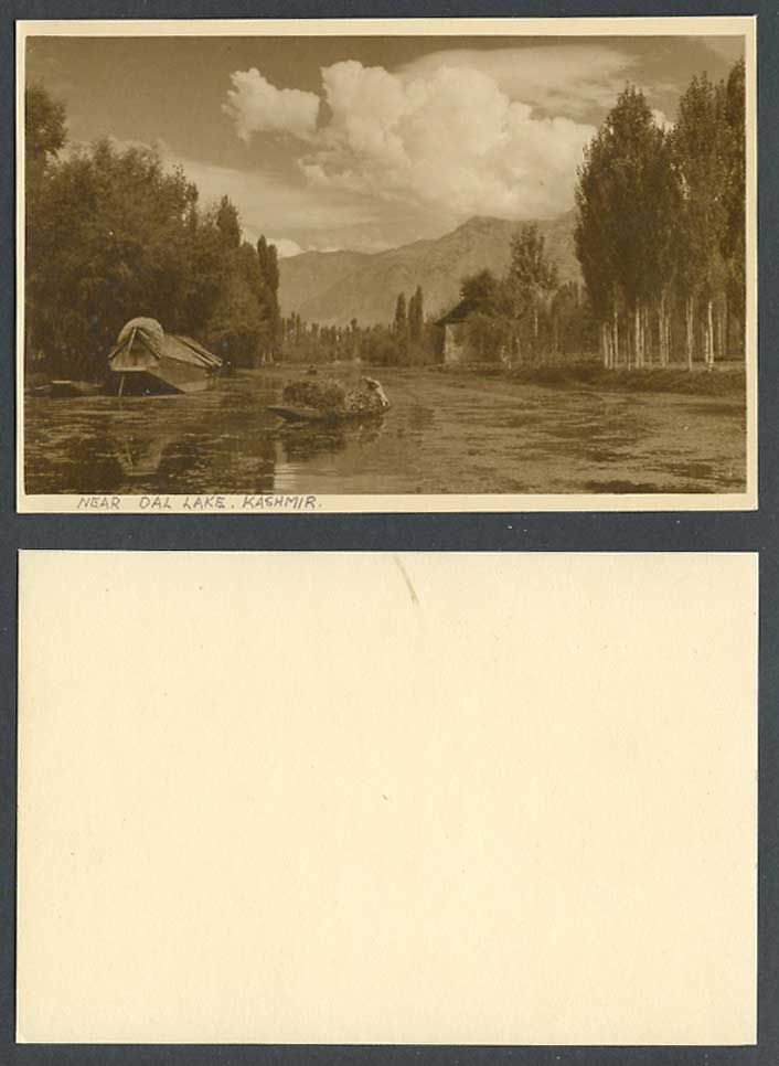 India Old Postcard Panorama near Dal Lake, Kashmir, Native Boat Canoe Houseboat