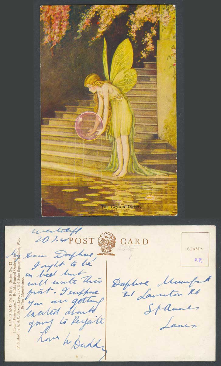I R OUTHWAITE 1941 Old Postcard Fairy Crystal Gazer Ball Fairyland Elves Fairies