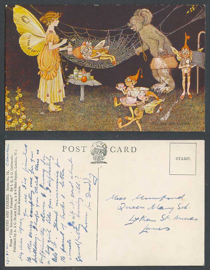 IR&G Outhwaite 1941 Old Postcard The Wee Sick Goblin Koala Spiderweb Elves Fairy