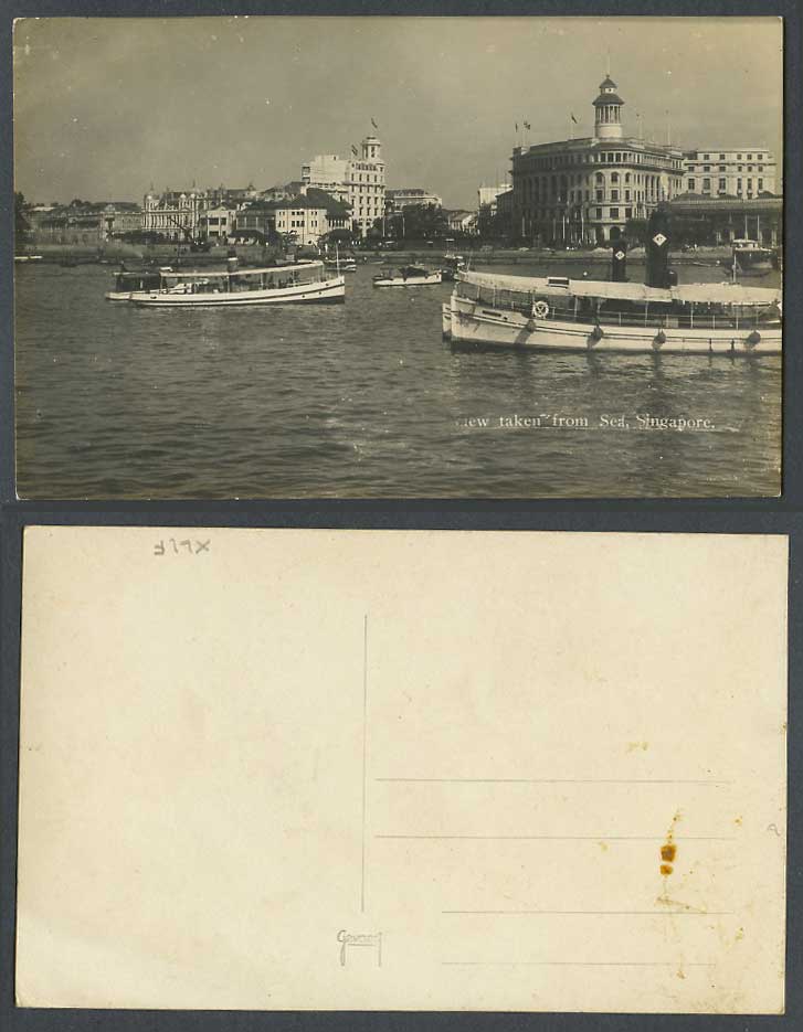 Singapore Old Real Photo Postcard View Taken from The Sea Ferries Boats Panorama