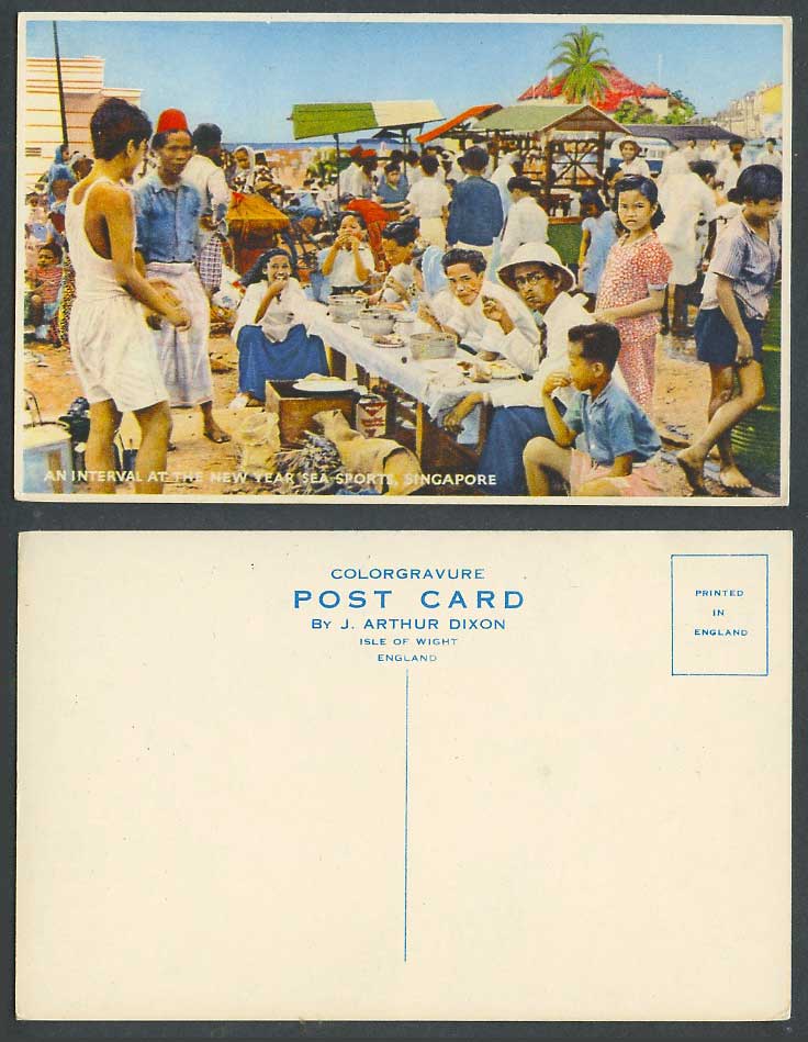 Singapore c1950 Old Colour Postcard An Interval at The New Year Sea Sports Beach