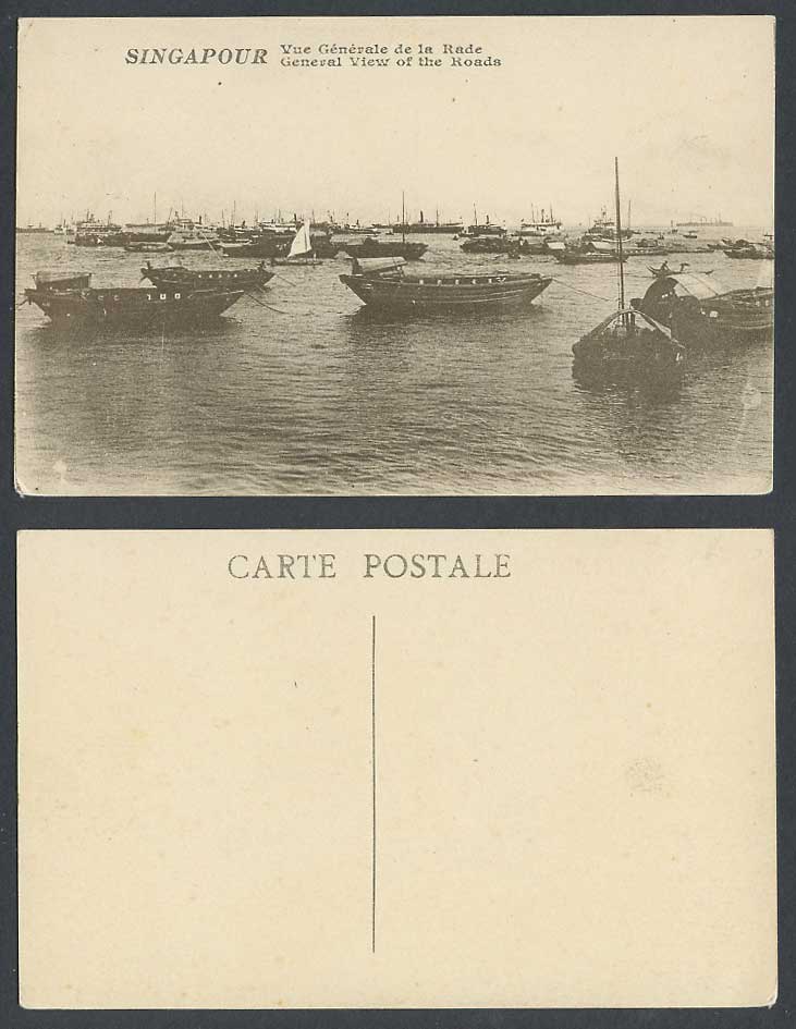 Singapore Old Postcard General View of Roads Rade Sampan Boats Harbour Singapour