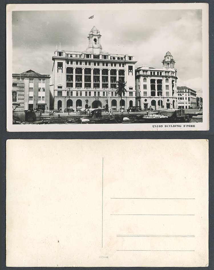 Singapore Old Real Photo Postcard Union Building, Police Boat Harbour Street Bus