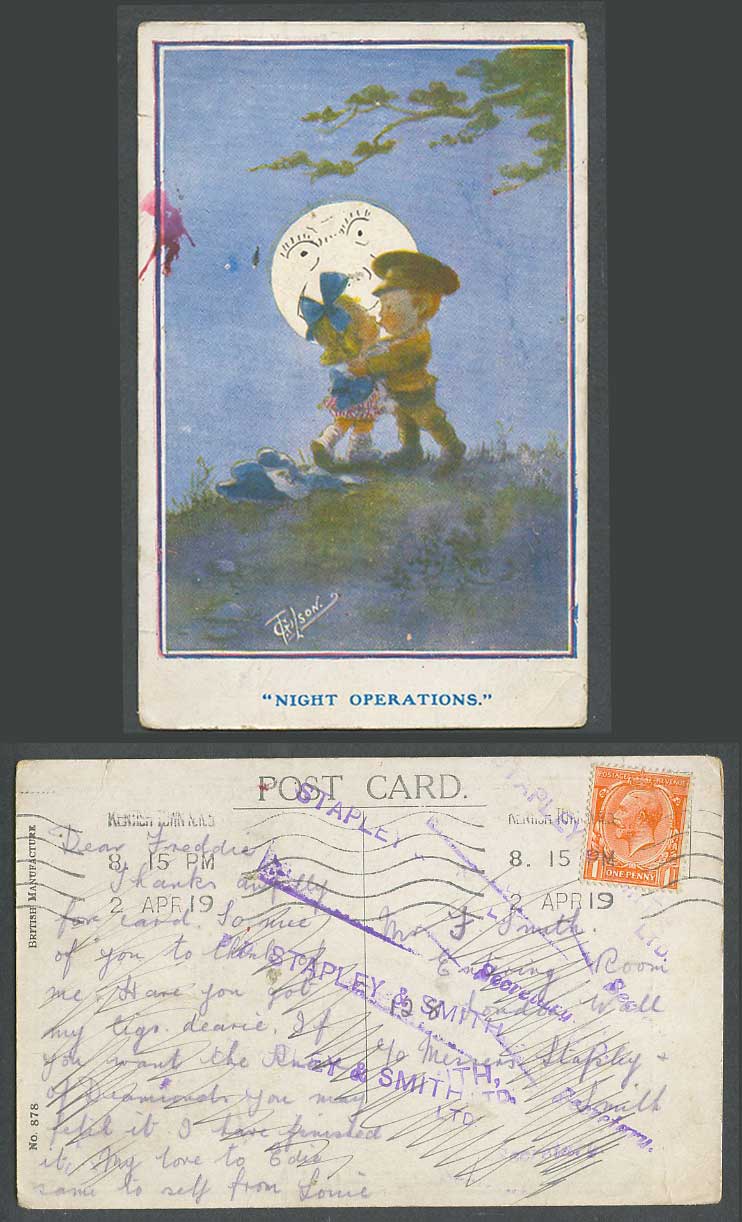 T. Gilson 1919 Old Postcard Soldier Boy kissing Girl, Night Operations Full Moon
