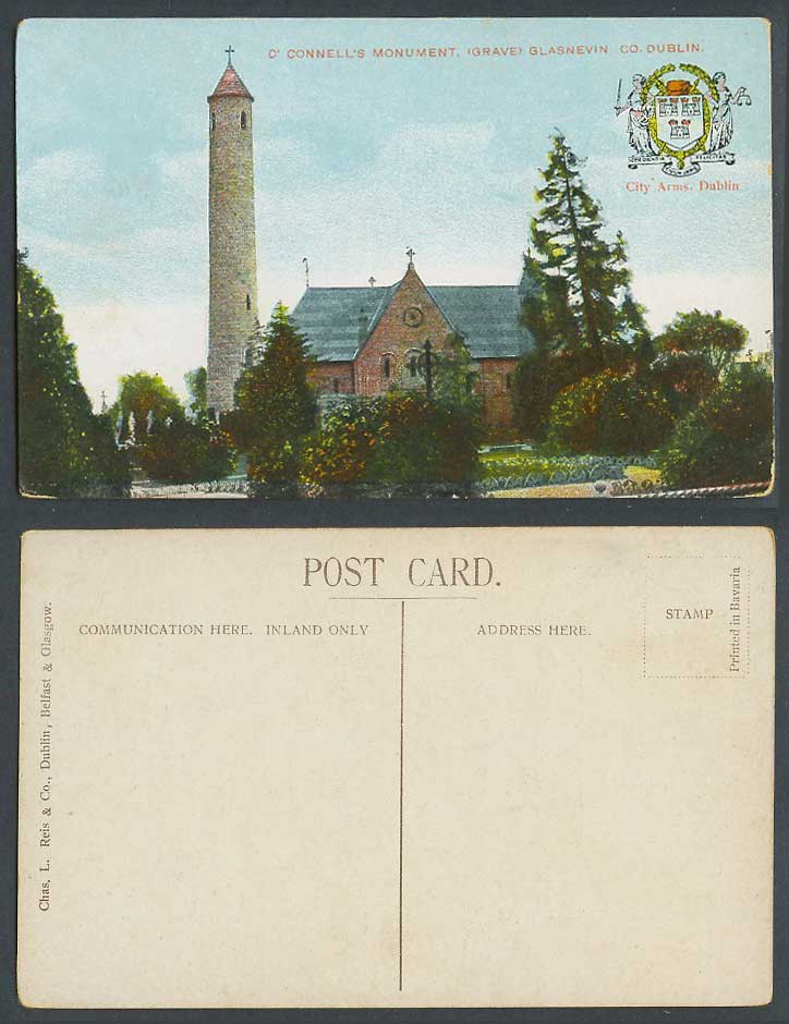 Ireland Old Postcard O'Connells Monument, Grave, Glasnevin Co. Dublin City Arms
