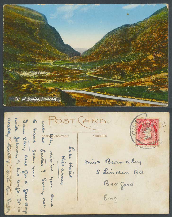 Ireland 1d Map 1930 Old Colour Postcard Gap of Dunloe, Killarney, Kerry Panorama