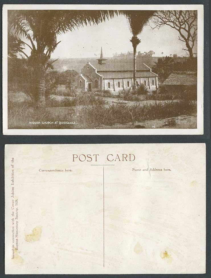 Congo Jubilee Exhibition 1928 Old Postcard Mission Church at Quibocole Palm Tree