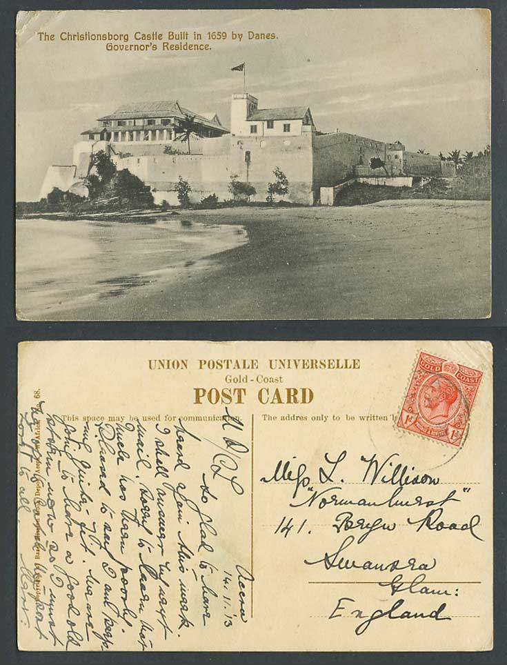 Gold Coast KG5 1d 1913 Old Postcard Christionsborg Castle built in 1659 by Danes