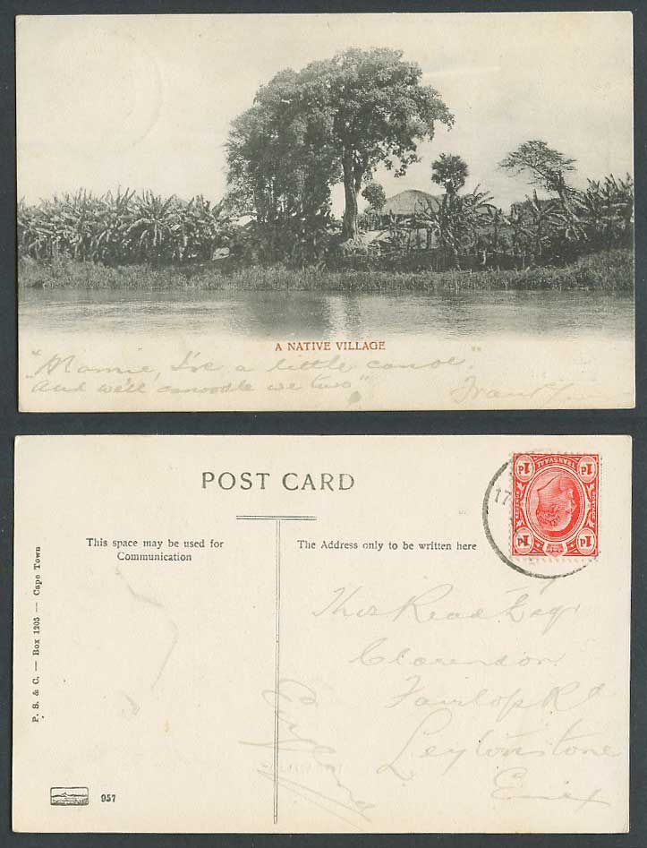 South Africa Transvaal KE7 1d. 1904 Old Postcard A Native Village by River Scene