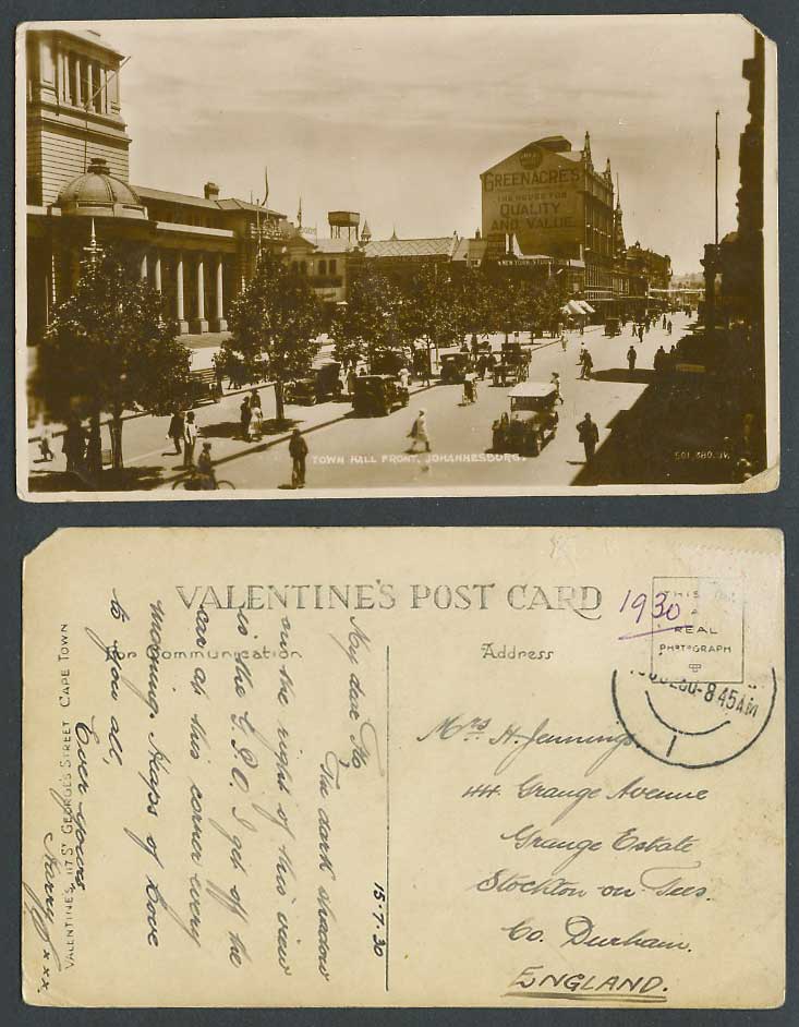 South Africa 1930 Old R Photo Postcard Johannesburg Town Hall Front Street Scene