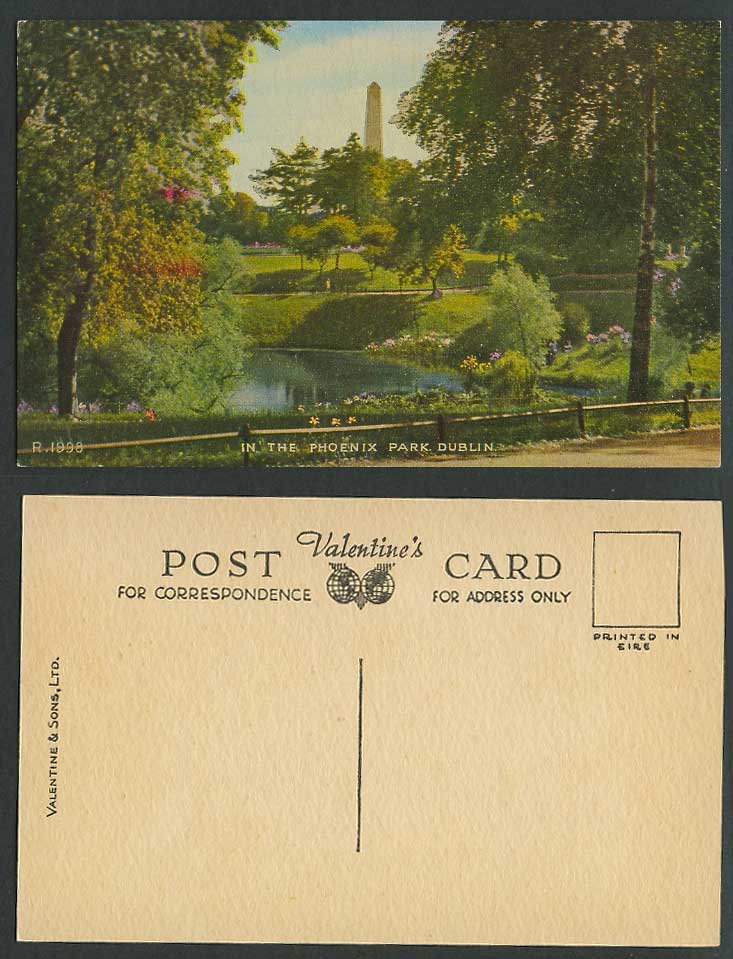 Ireland Dublin Old Colour Postcard In The Phoenix Park, Flowers Monument Obelisk