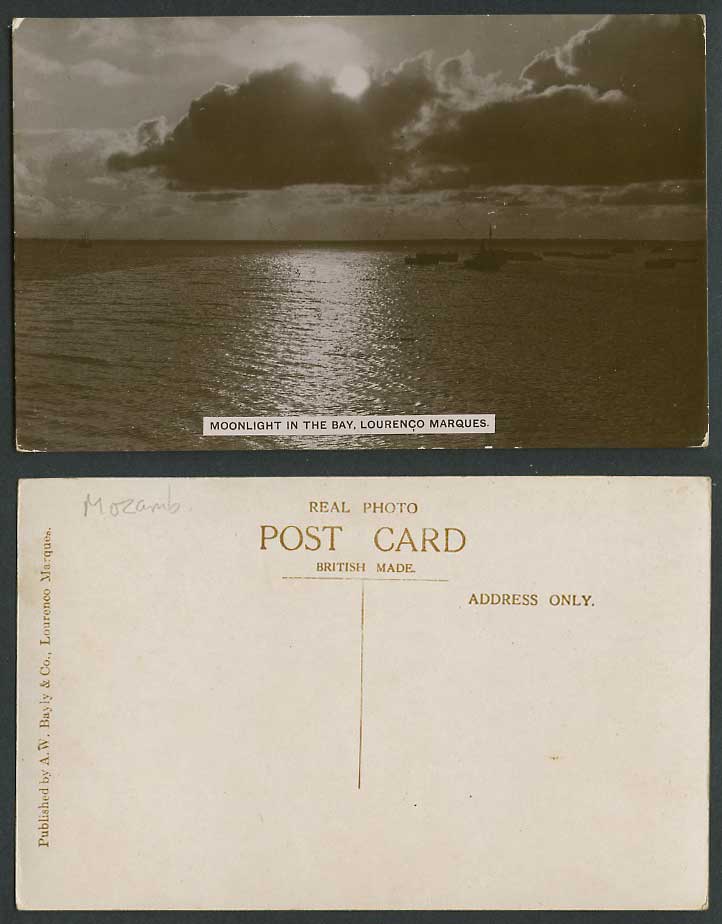 Lourenco Marques Moon Moonlight in Bay Boats Panorama Mozambique Old RP Postcard