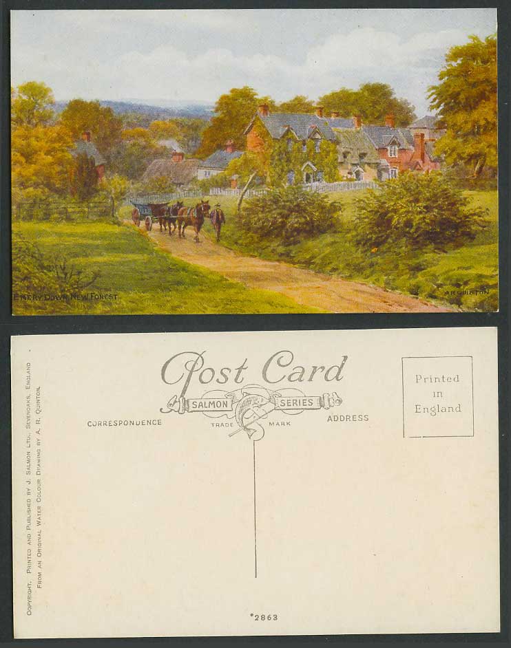 AR Quinton Old Postcard Emery Down Village Horses Cart New Forest Hampshire 2863