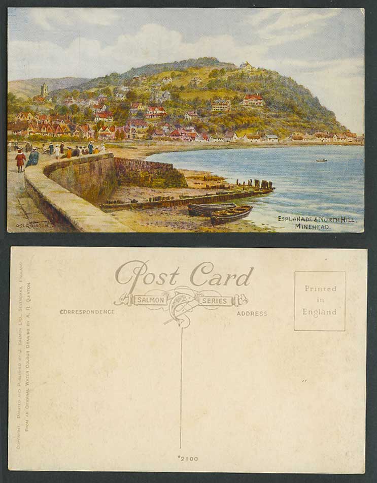 A.R. Quinton Old Postcard Esplanade North Hill Minehead Boat Beach Somerset 2100