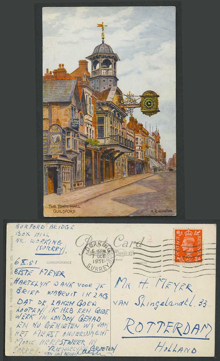 A.R. Quinton 1951 Old Postcard The Town Hall Guildford, Surrey Street Scene 1418