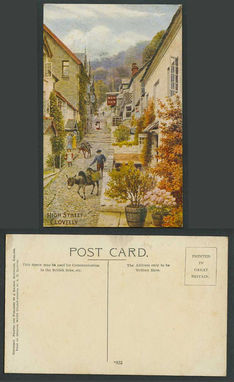 A.R. Quinton Old Postcard High Street Scene, Clovelly Devon, New Inn, Donkey 932