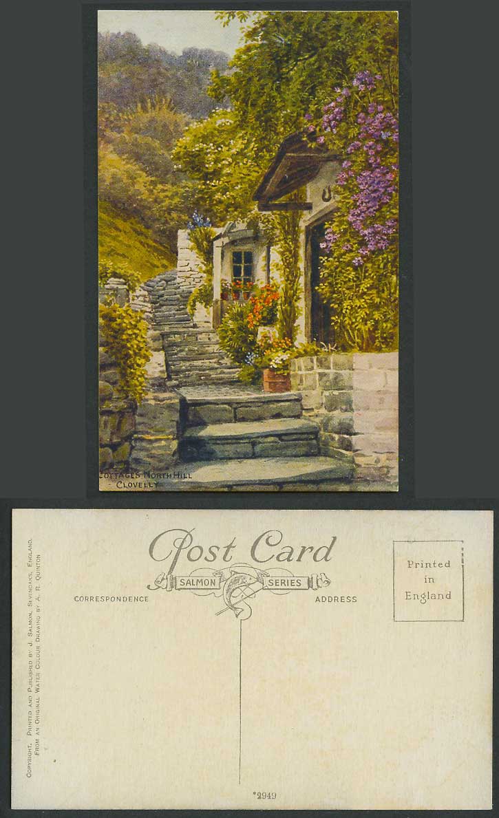 A.R. Quinton Old Postcard Cottages North Hill Clovelly, Steps Flowers Devon 2949