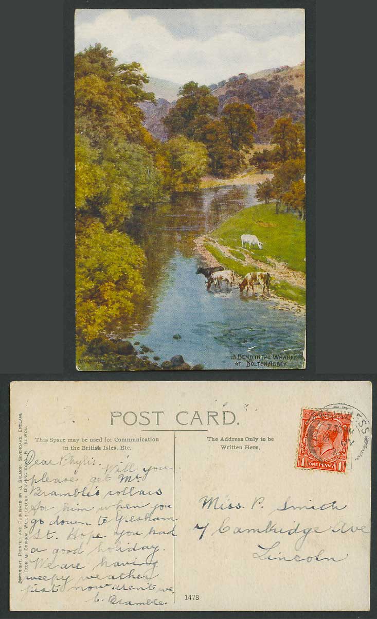 AR Quinton 1920 Old Postcard A Bend in Wharfe River Cow Bolton Abbey Yorks. 1478