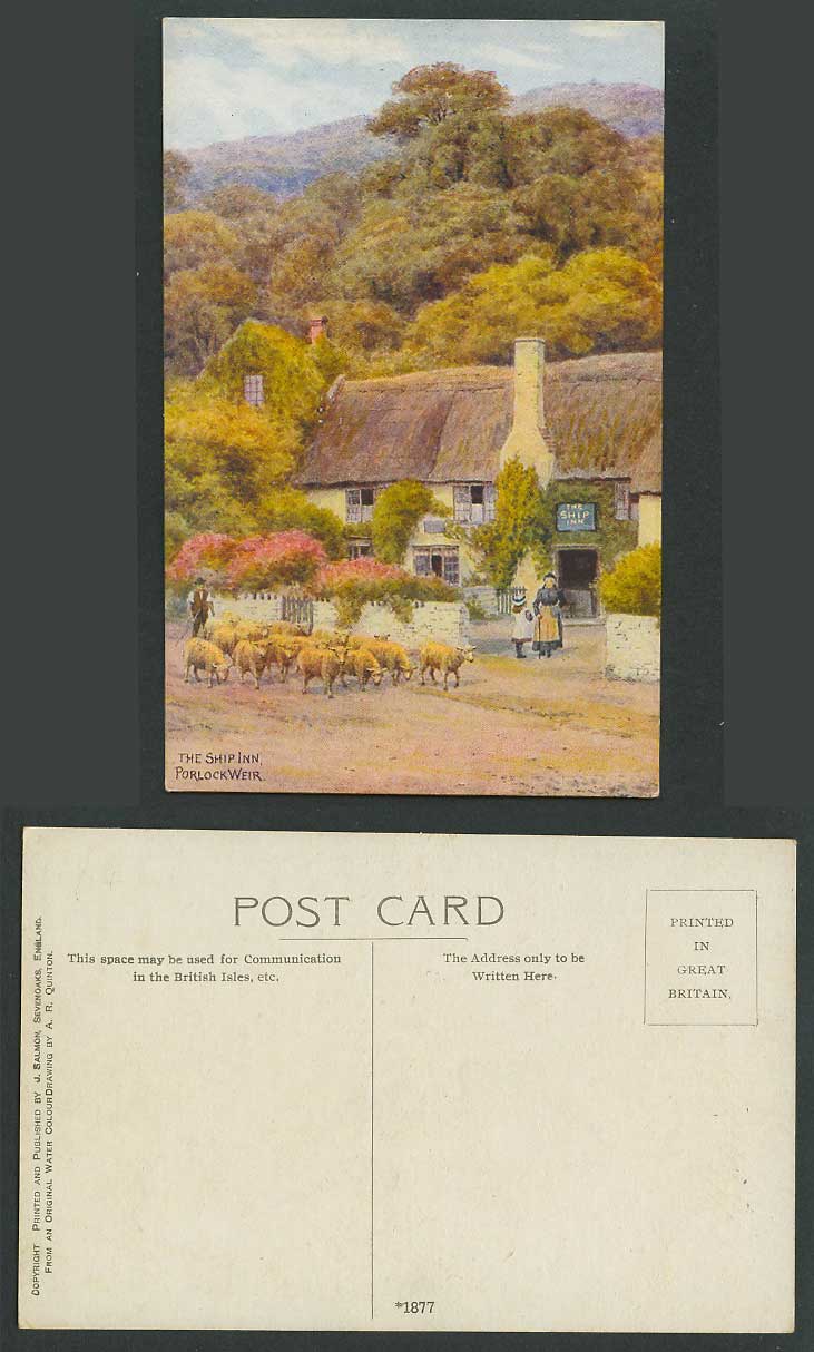 A.R. Quinton Old Postcard The Ship Inn Hotel, Porlock Weir, Sheep, Shepherd 1877
