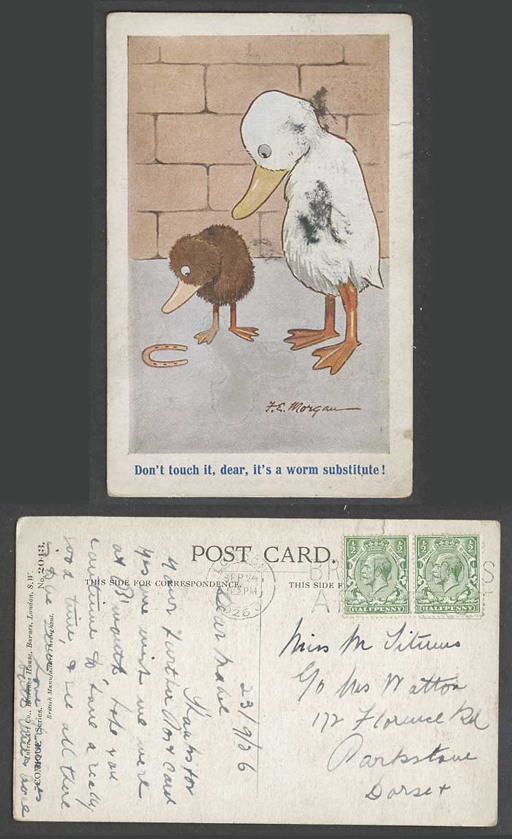 FE Morgan 1926 Old Postcard Ducks Birds Don't Touch it Worm Substitute Horseshoe