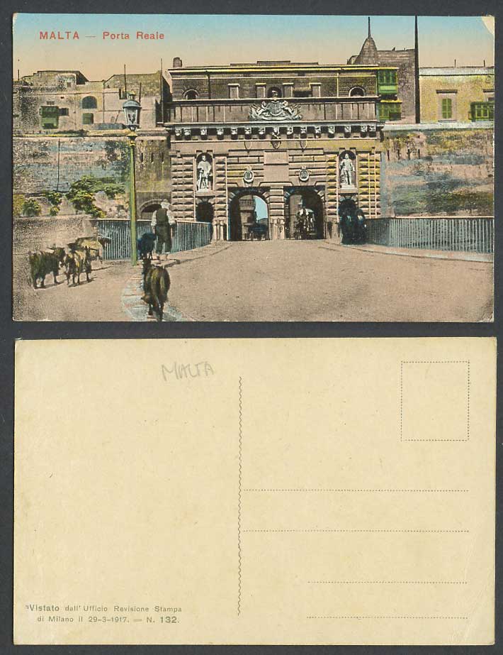 Malta Old Color Postcard Valletta PORTA REALE GATE Goats Shepherd Women Faldetta
