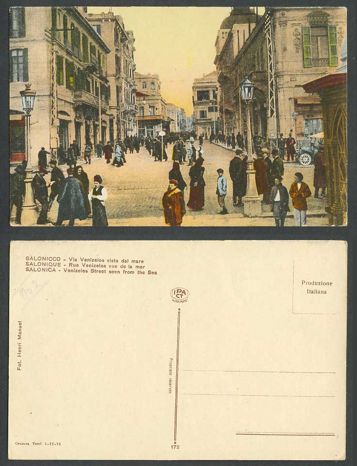 Greece Old H. Tinted Postcard Salonica Salonique Venizelos Street Scene from Sea