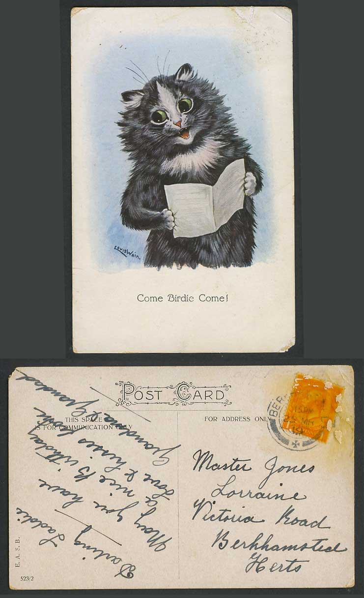 LOUIS WAIN Artist Signed Cat Kitten, Come Birdie Come 1919 Old Postcard E.A.S.B.