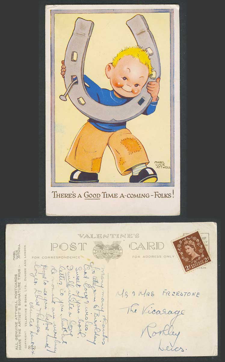 MABEL LUCIE ATTWELL Old Postcard Boy with Horseshoe Good Time a Coming Folks 873