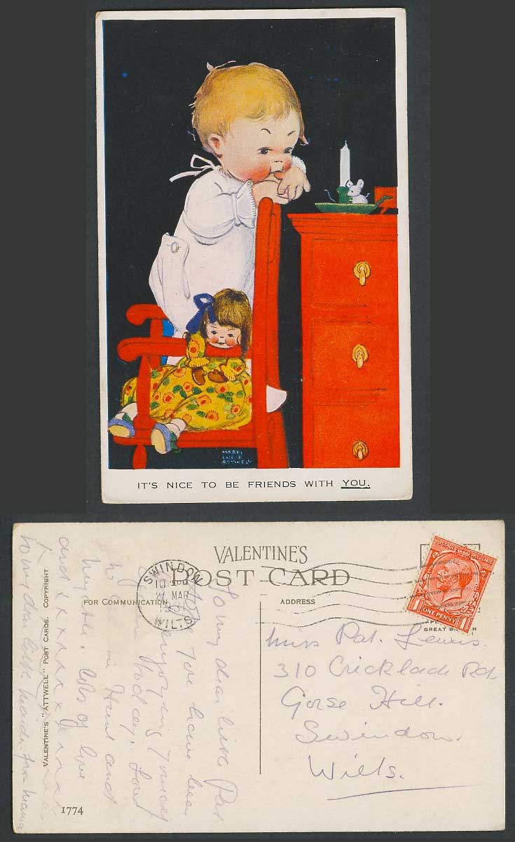 MABEL LUCIE ATTWELL 1931 Old Postcard Nice to be Friends with U White Mouse 1774