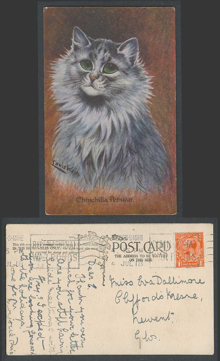 Louis Wain Artist Signed Chinchilla Persian Cat Kitten 1918 Old Postcard WarBond