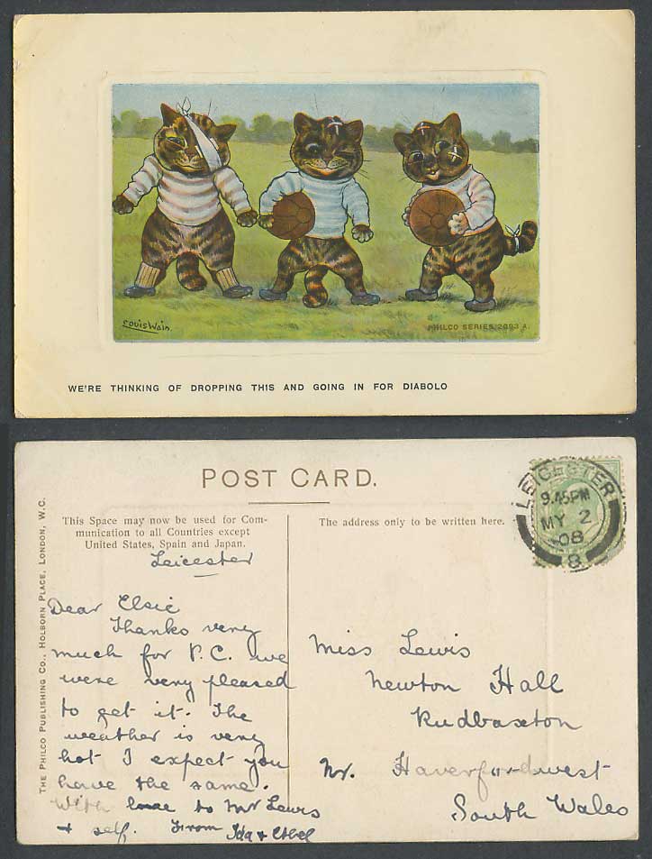 Louis Wain Artist Signed Cats, Football Rugby Cricket, Diabolo 1908 Old Postcard