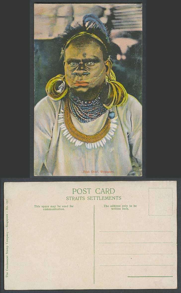 North Borneo, Singapore Old Colour Postcard Dayak DYAK CHIEF Native Man Costumes
