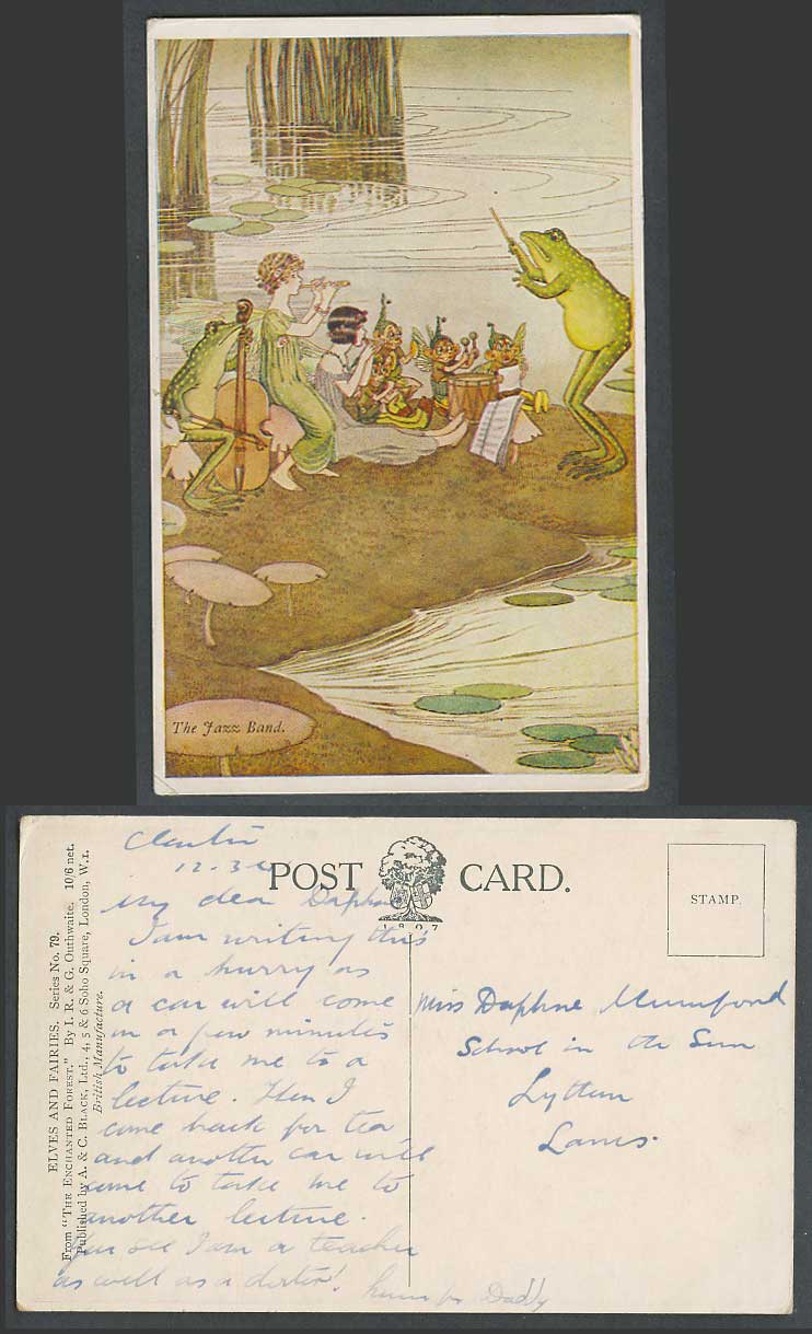 IR&G OUTHWAITE Old Postcard The Jazz Band Elves & Fairies Enchanted Forest Frogs