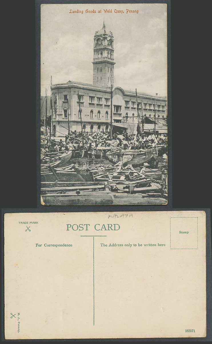 Penang Old Postcard Landing Goods at Weld Quay, Clock Tower Native Boats Harbour