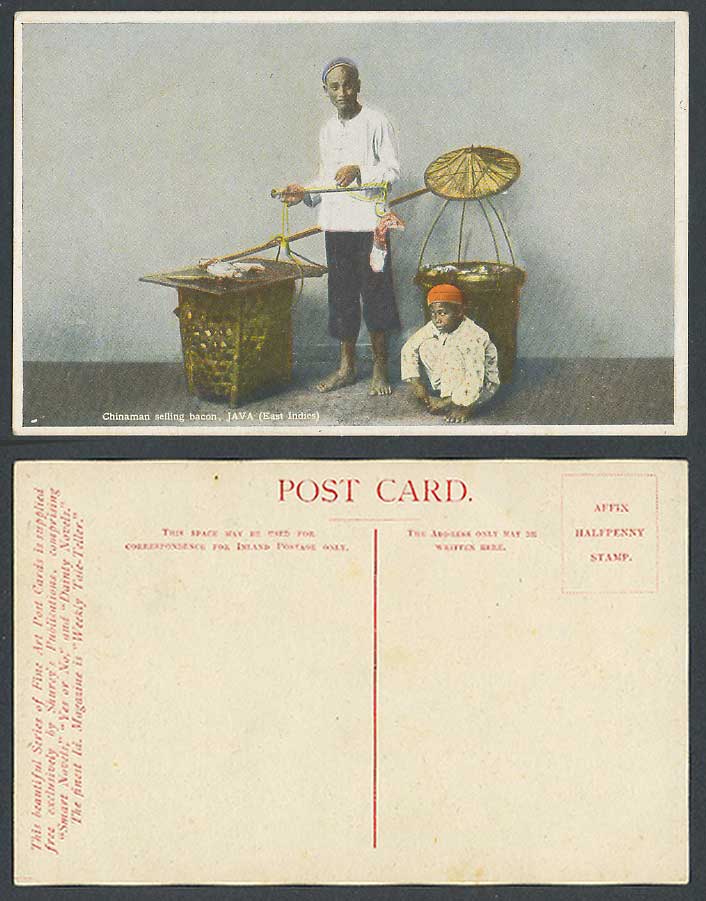 Dutch East Indies JAVA Chinaman Selling Bacon Chinese Seller Old Colour Postcard